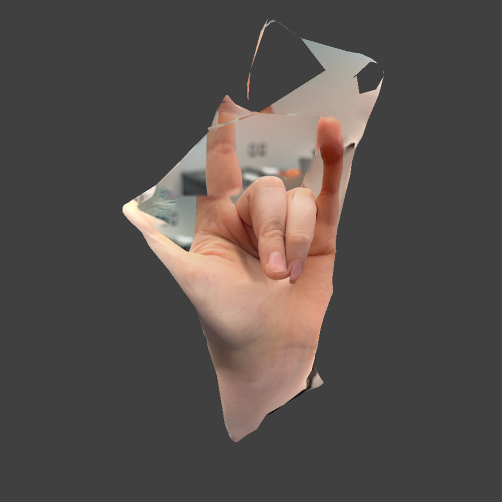 Rendered scan of the palm in scaniverse with the hand making the asl sign for love.